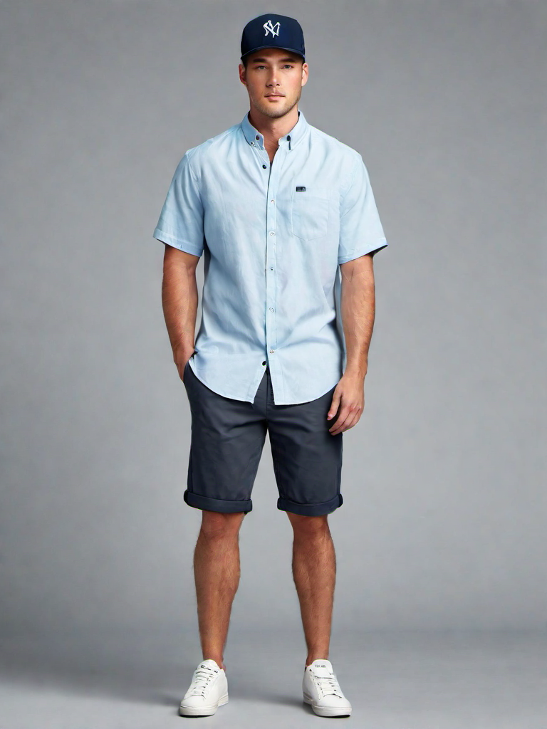 Casual Outfit Idea: Man’s light blue short-sleeve button-up shirt
