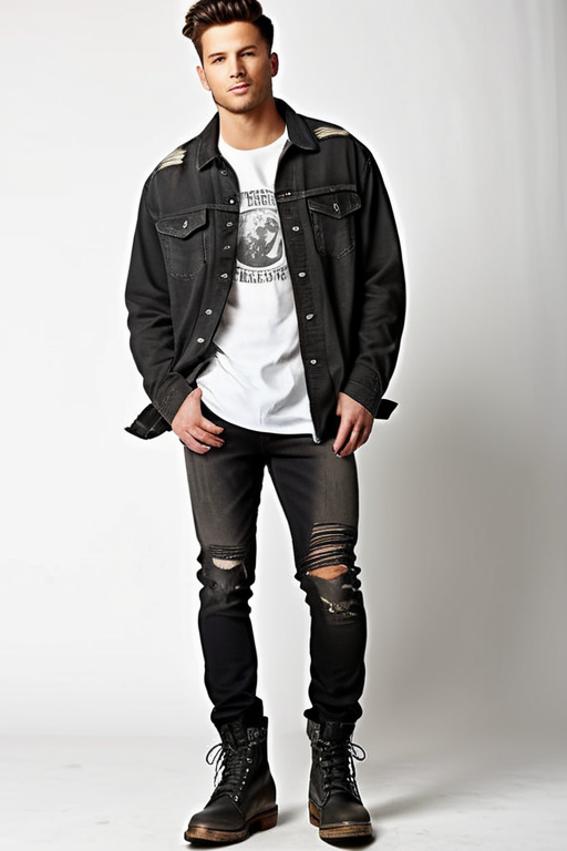 Casual Outfit Idea: Man's distressed black denim jacket