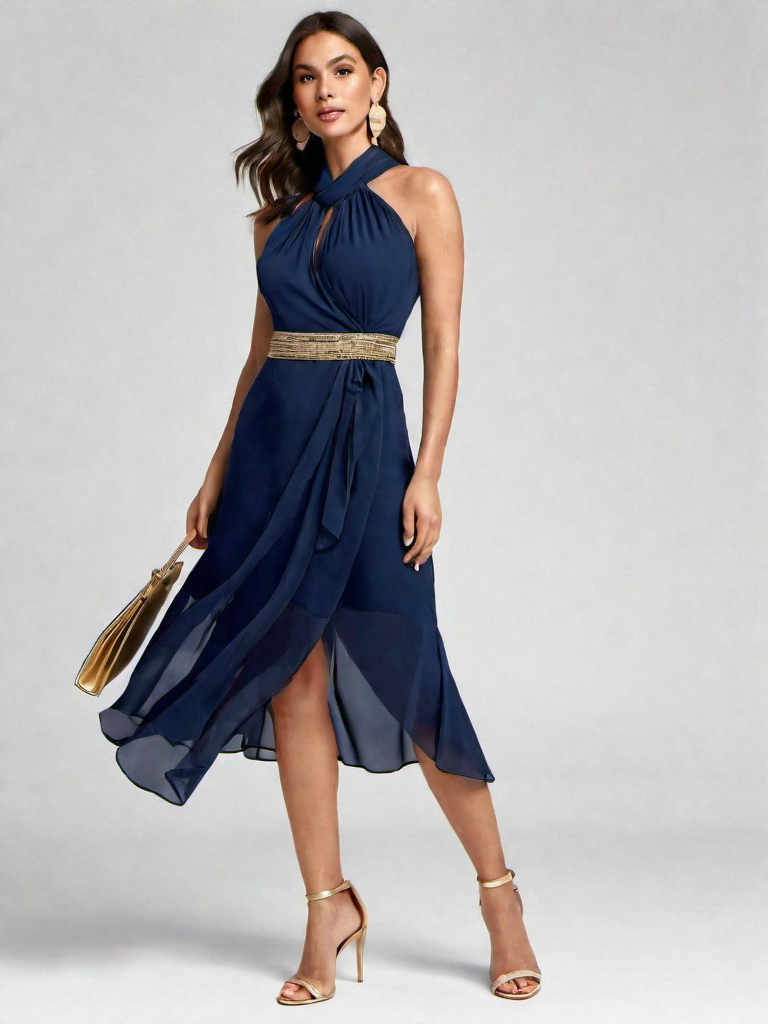 Wedding Outfit Idea: Womans navy blue blue midi dress