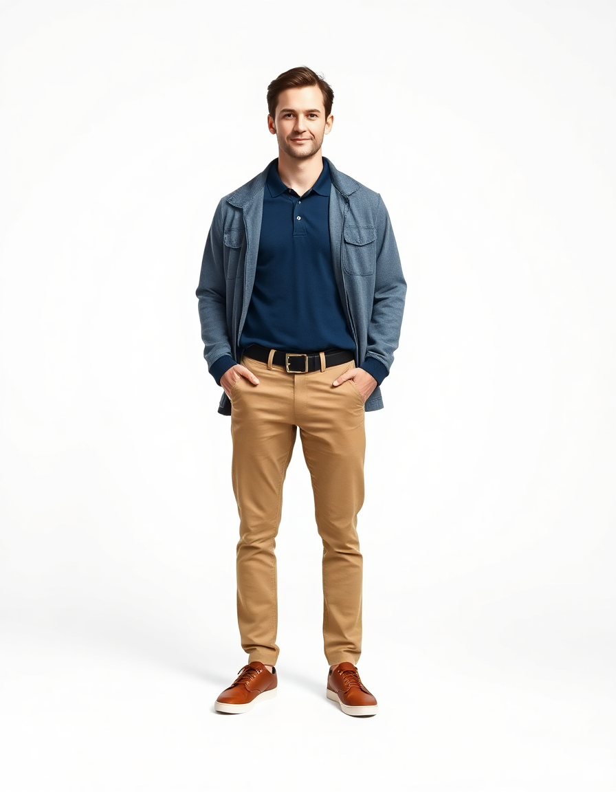 Casual Outfit Idea: Mans navy blue blue polo shirt
