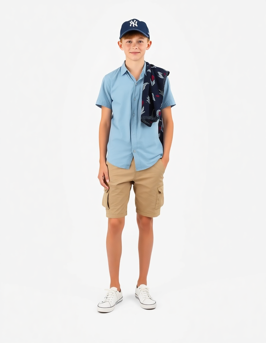 Beach-day Outfit Idea: Boys light blue short-sleeve button-up shirt