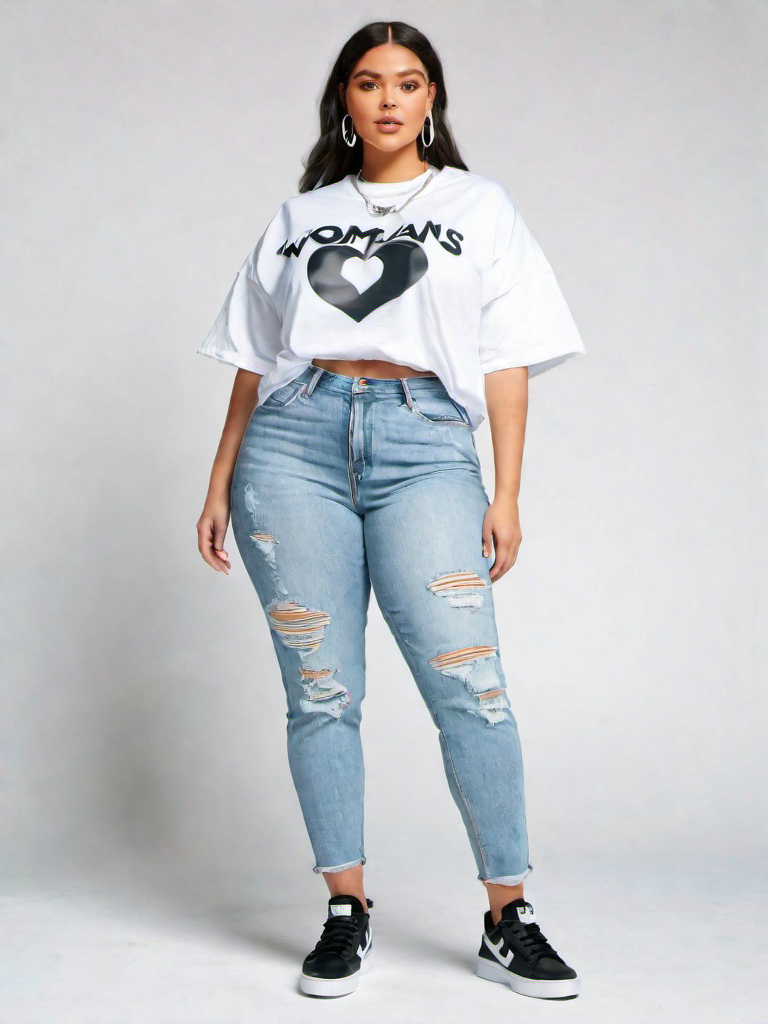 Casual Outfit Idea: Womans oversized white graphic tee