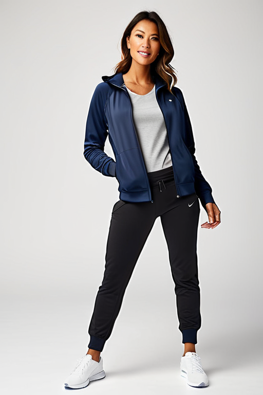 Casual Outfit Idea: Womans navy blue blue athletic jacket