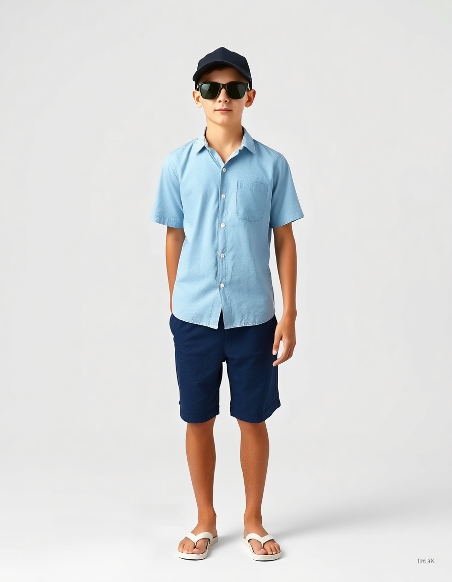 Beach-day Outfit Idea: Boys light blue short-sleeve button-up shirt