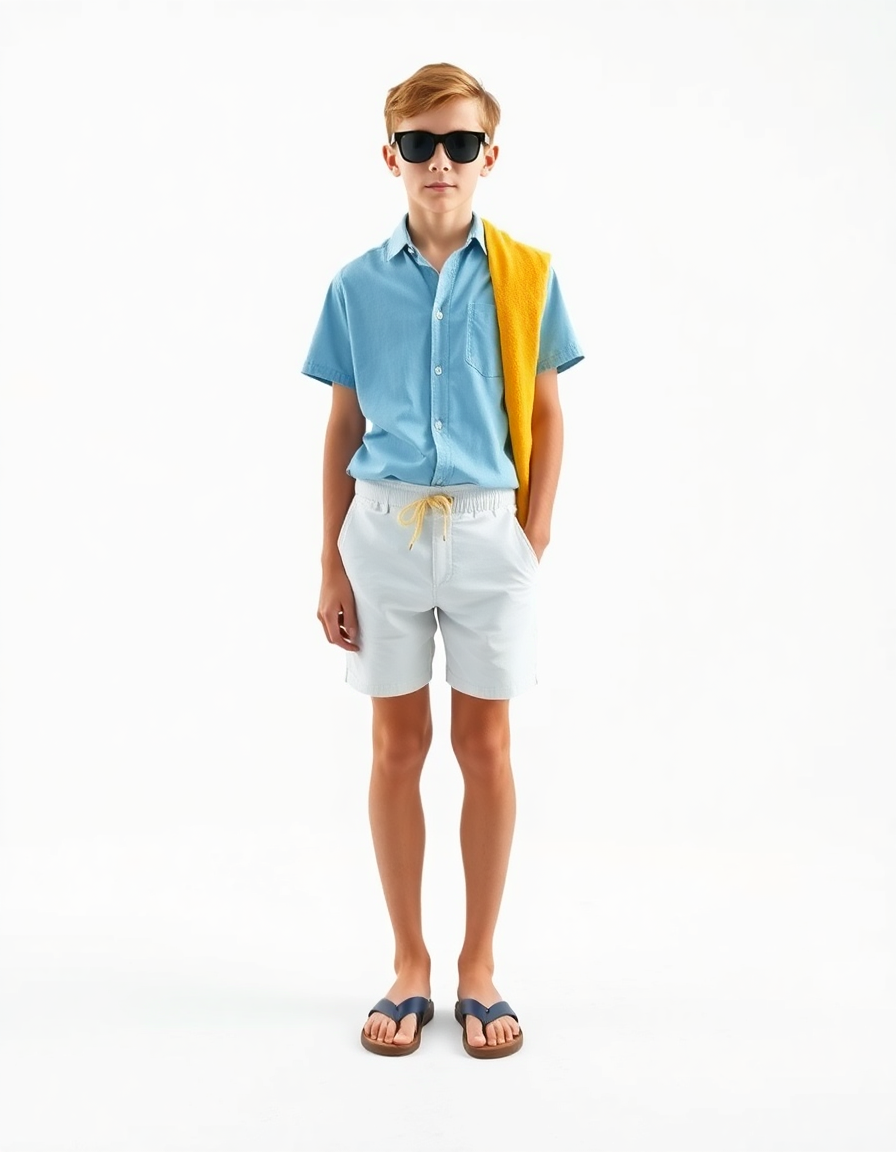 Beach-day Outfit Idea: Boys light blue short-sleeve button-up shirt