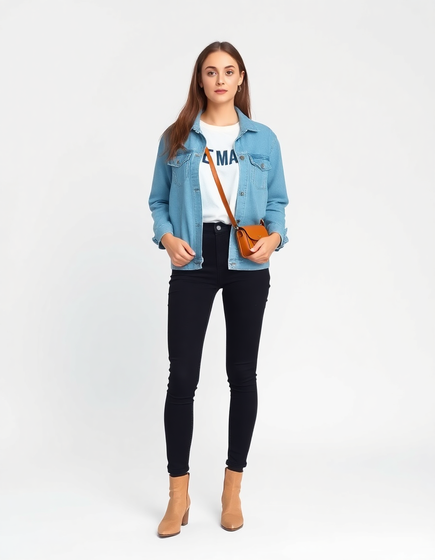 Casual Outfit Idea: Woman's light blue denim jacket