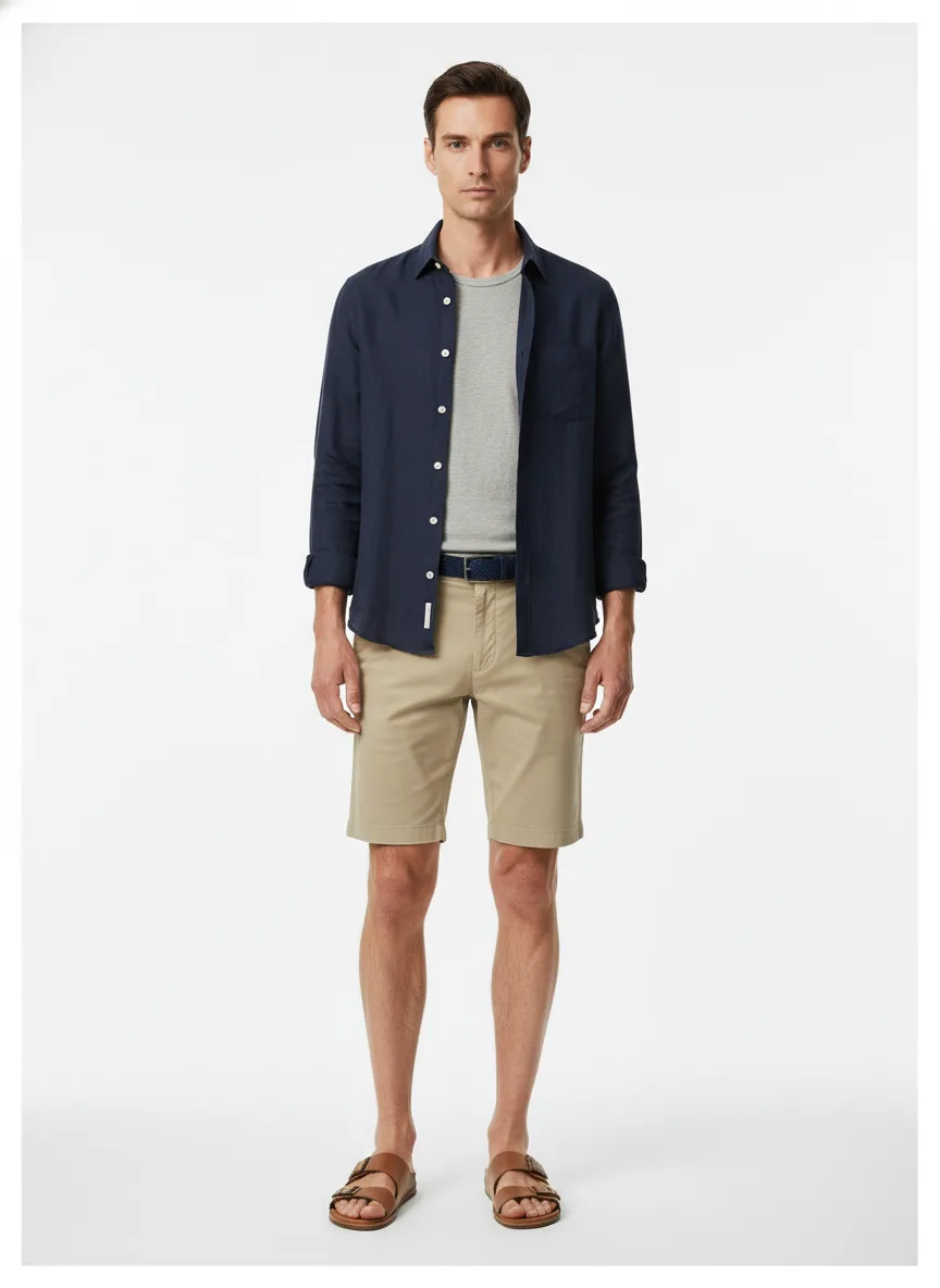 Vacation Outfit Idea: Man's navy blue linen shirt (compliments light skin, brunette hair)