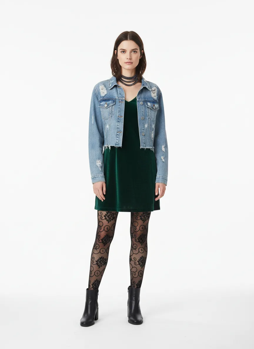 Cocktails Outfit Idea: Woman dark green velvet dress (compliments fair skin, brunette hair)