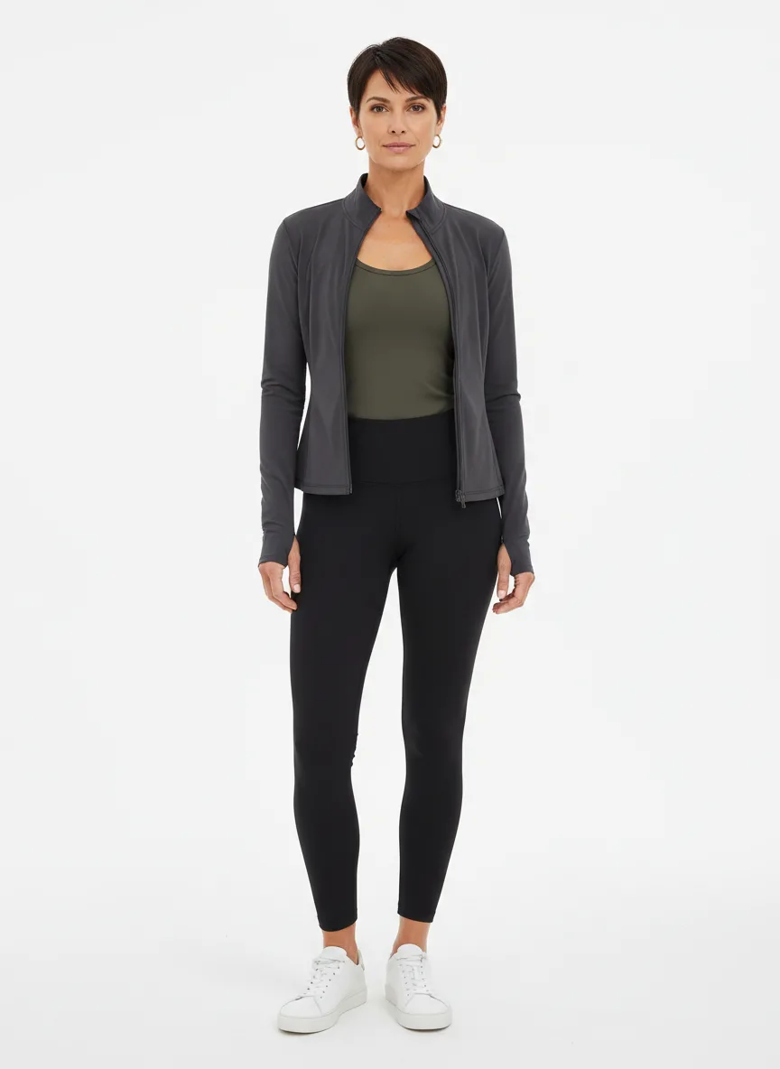 Date-night Outfit Idea: Woman charcoal zip-up performance jacket (complements medium skin, brunette hair)