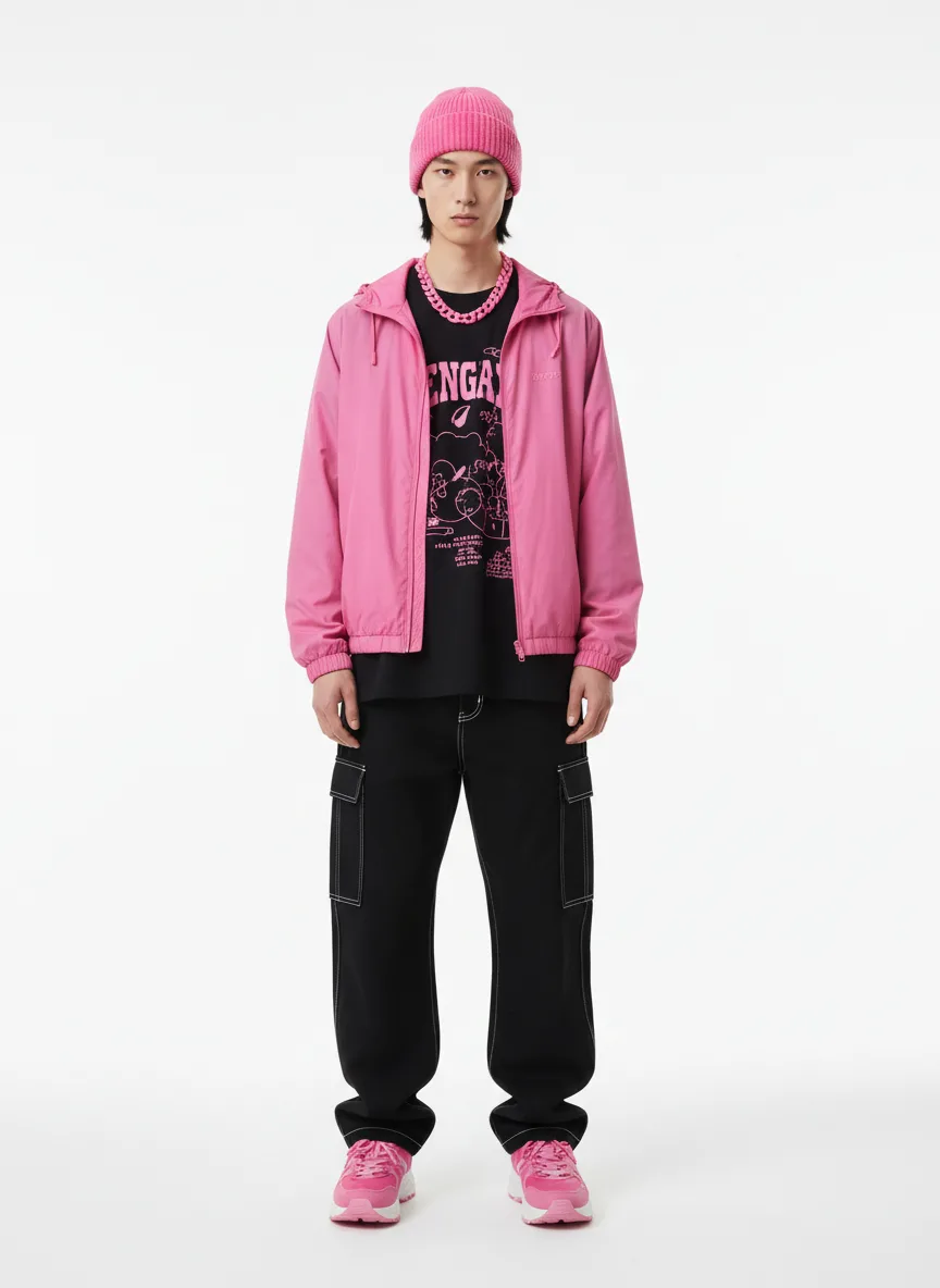 Outfit Idea for 21 year old Man, Thin body-type, Average height, Fair skin, Black hair, Create a pink and black and little bit of white male grunge outfit with baggy pants and a pink beanie, black shirt with pink on the shirt, pink jacket and pink chain.