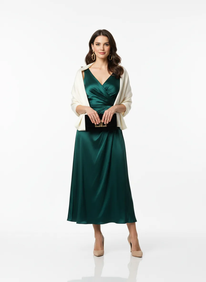 Formal-event Outfit Idea: Woman's deep emerald satin midi dress