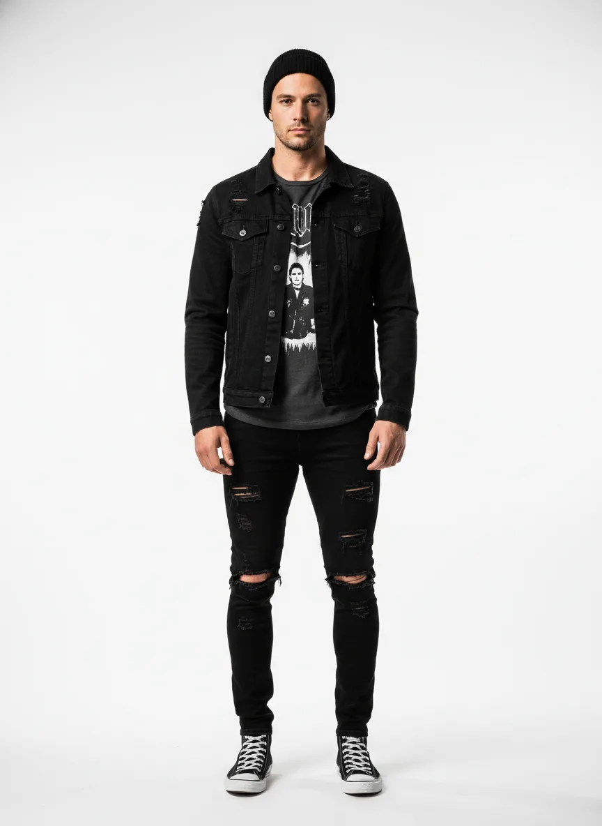 Casual Outfit Idea: Man's black distressed denim jacket