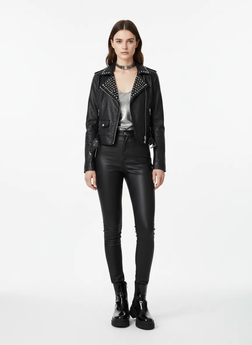 Concert Outfit Idea: Woman's black studded leather jacket