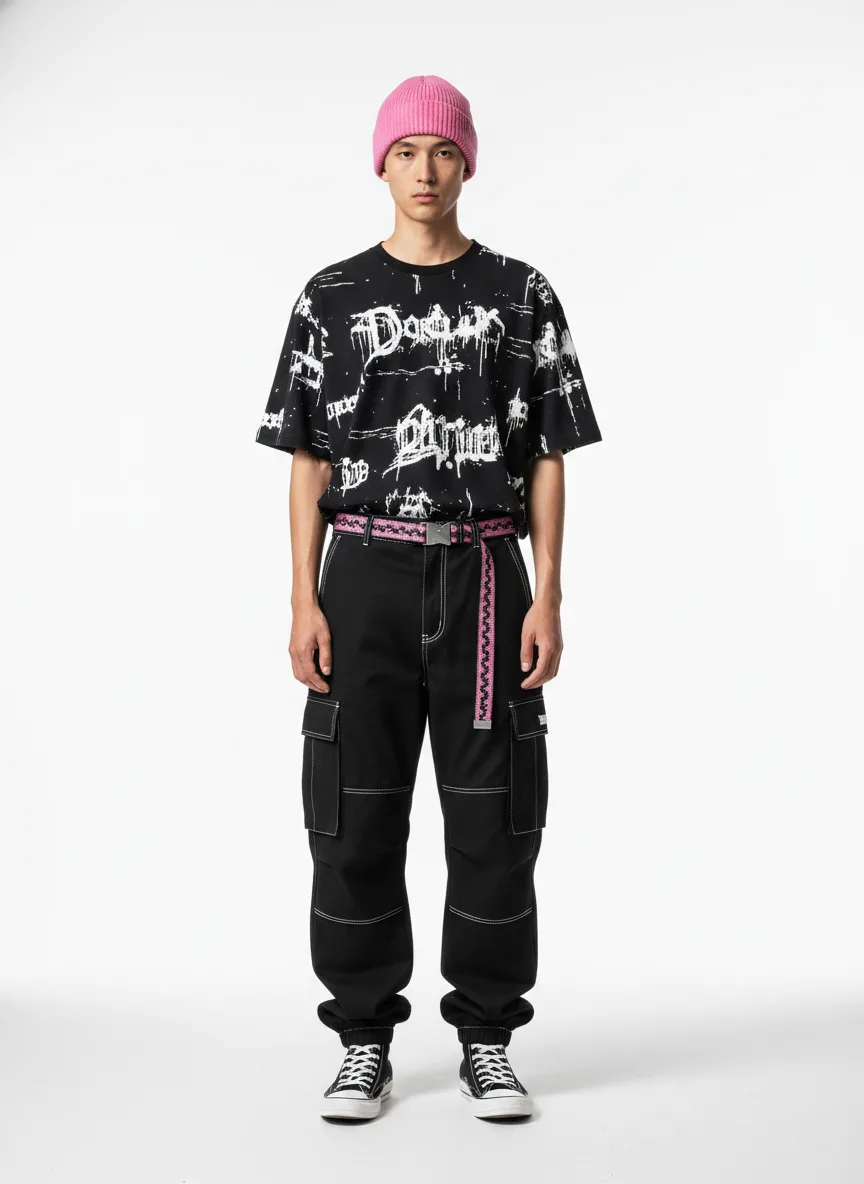 Outfit Idea for 21 year old Man, Thin body-type, Average height, Fair skin, Black hair, Create a pink and black and little bit of white male grunge outfit with baggy pants and a pink beanie, black shirt