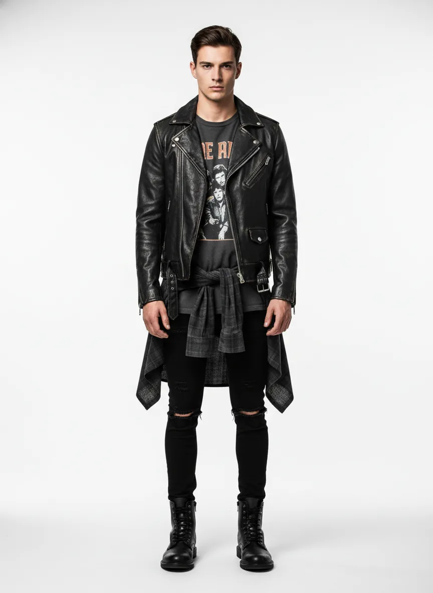 Date-night Outfit Idea: Mans black distressed leather jacket
