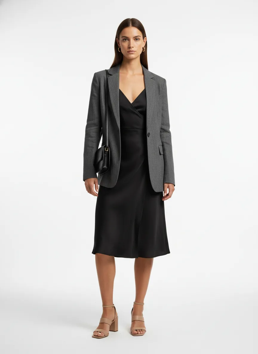 Date-night Outfit Idea: Woman black wrap slip dress