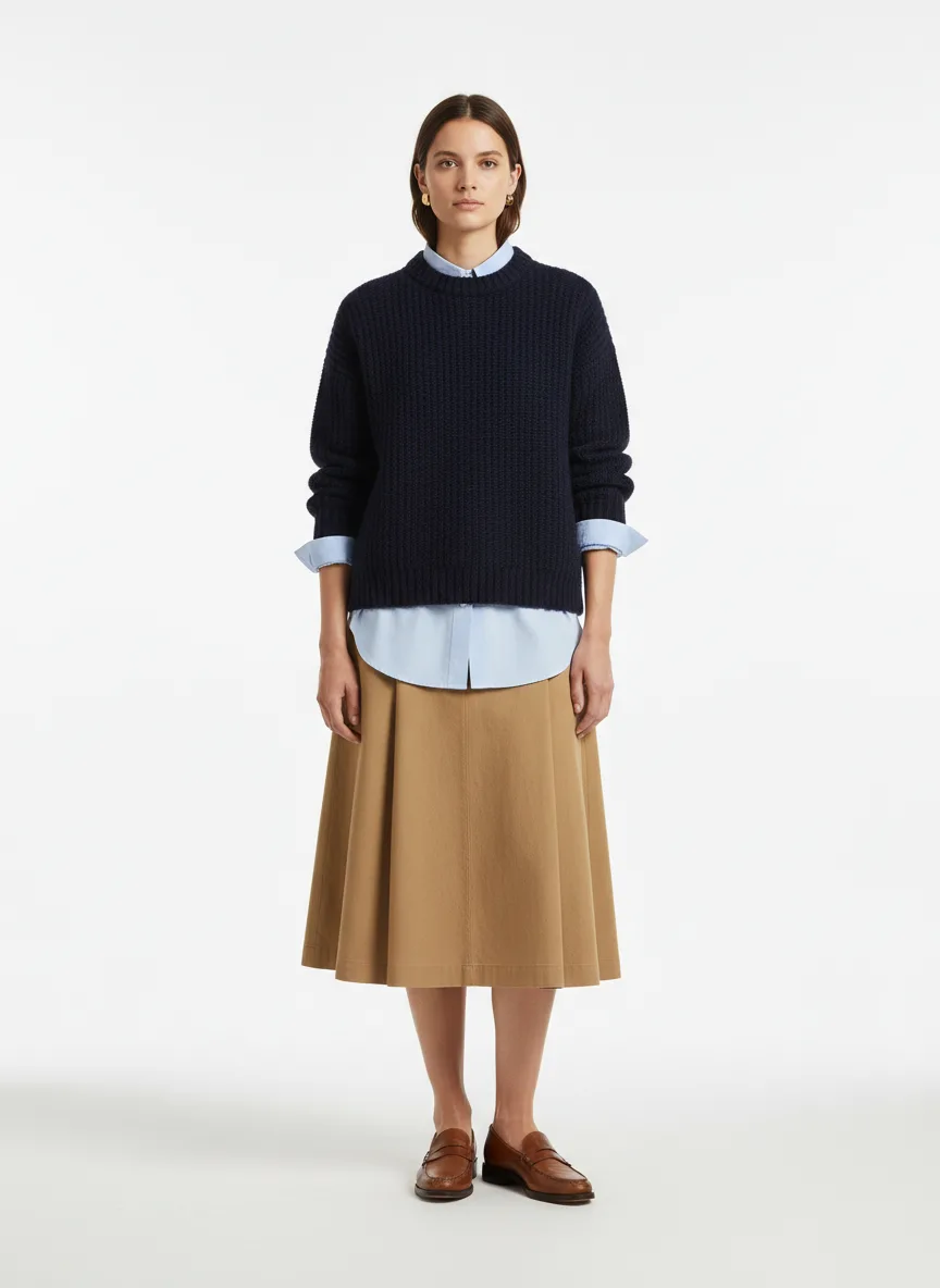 Job-interview Outfit Idea: Woman navy blue cardigan (thrifted)