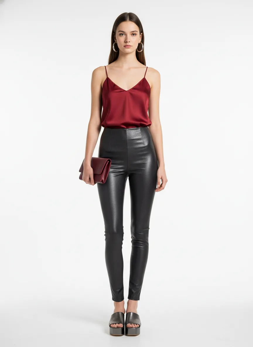 Nightclub Outfit Idea: Woman deep red satin cami top