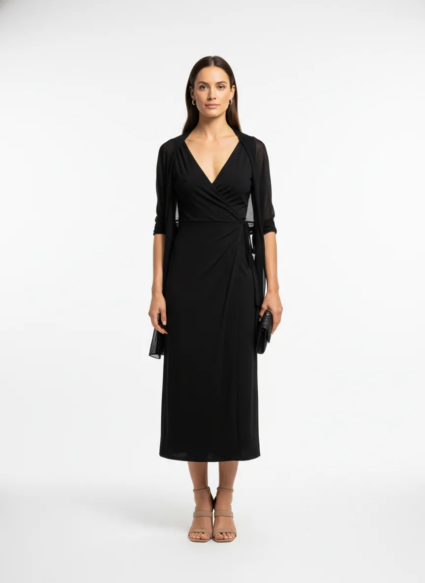 Cocktails Outfit Idea: Woman black wrap midi dress