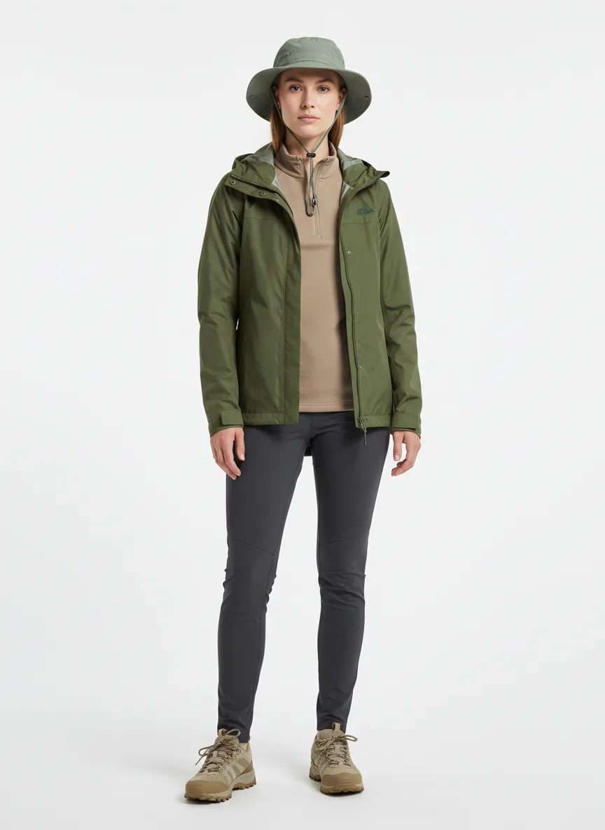 Outdoor-activity Outfit Idea: Woman light-skin olive-green lightweight waterproof jacket