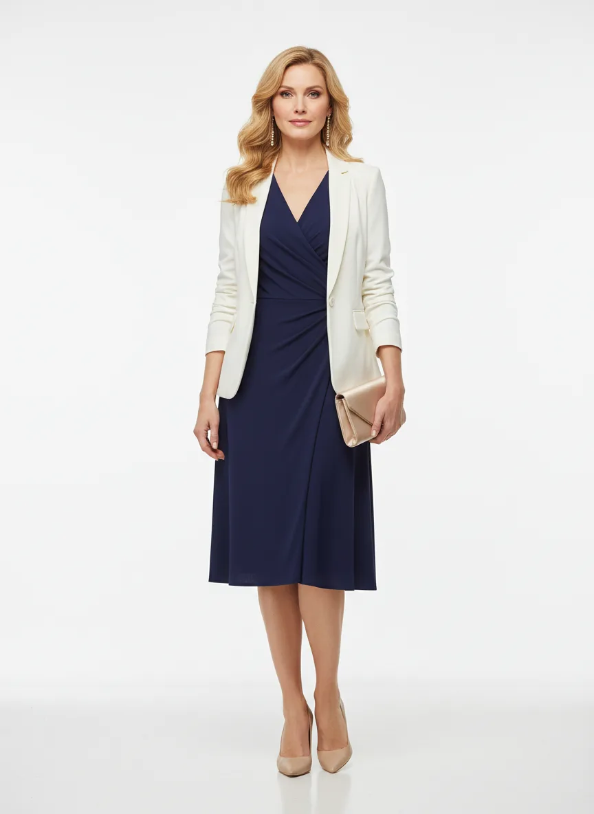 Cocktails Outfit Idea: Woman navy blue wrap dress (compliments fair skin & blonde hair)
