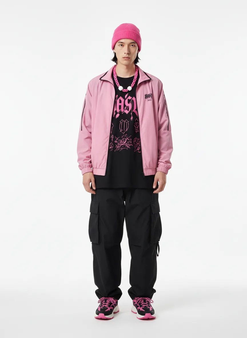 Outfit Idea for 21 year old Man, Thin body-type, Average height, Fair skin, Black hair, Create a pink and black and little bit of white male grunge outfit with baggy pants and a pink beanie, black shirt with pink on the shirt, pink jacket and pink chain.