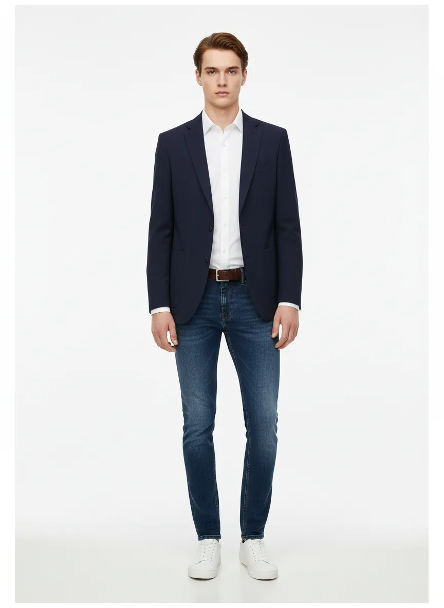 Casual Outfit Idea: Man's navy blue blazer (complements light skin, brunette hair)