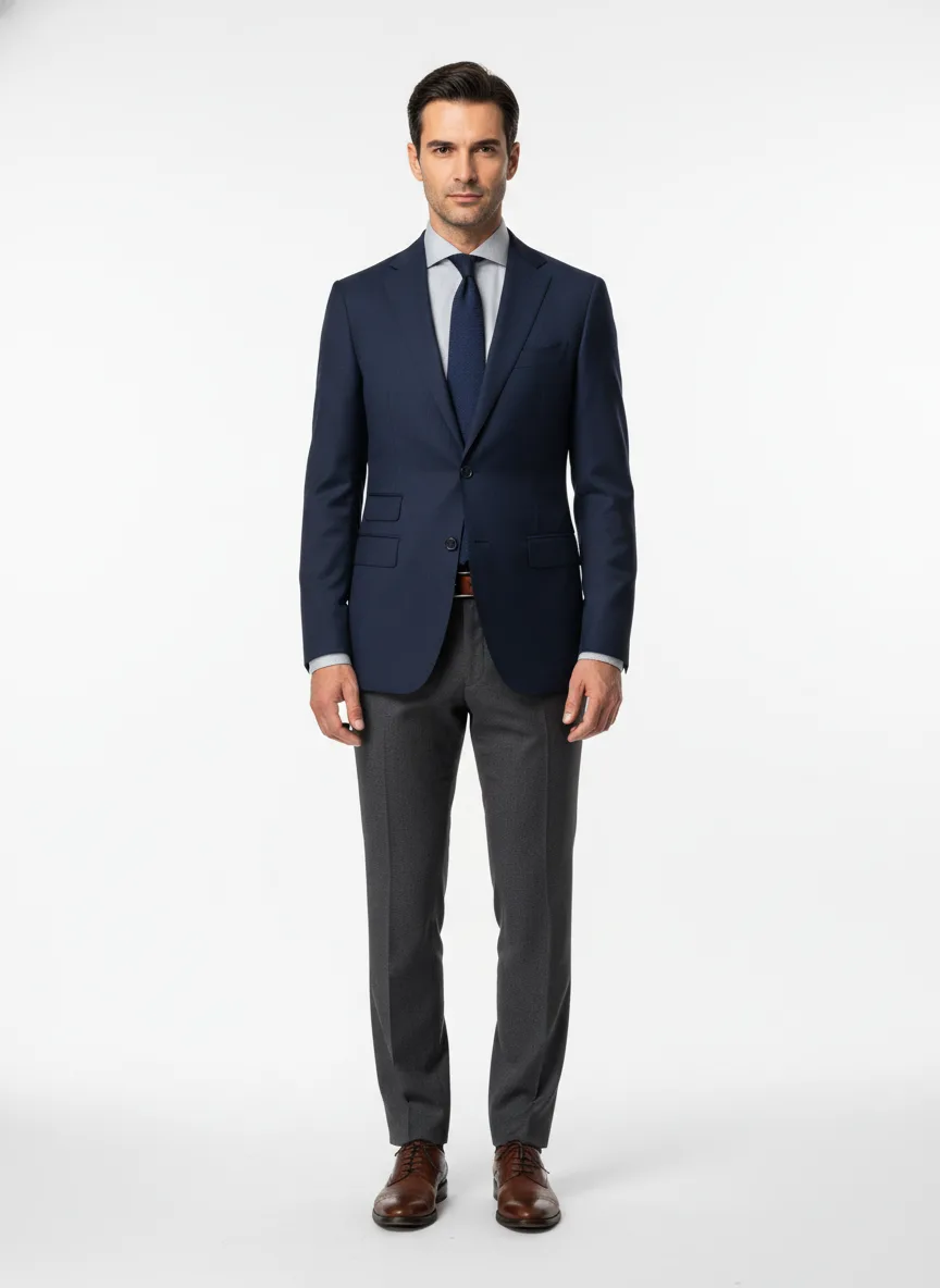 Wedding Outfit Idea: Man's navy blue blazer (complimentary to brunette hair)