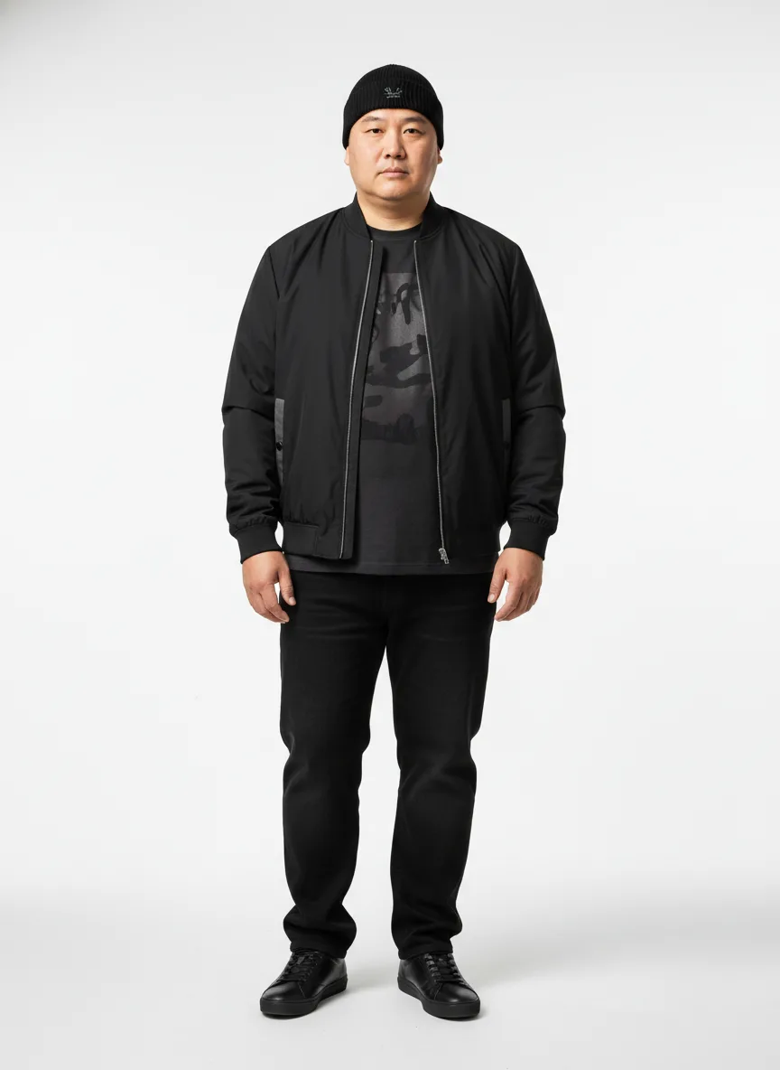 Concert Outfit Idea: Man’s black lightweight bomber jacket with charcoal accents