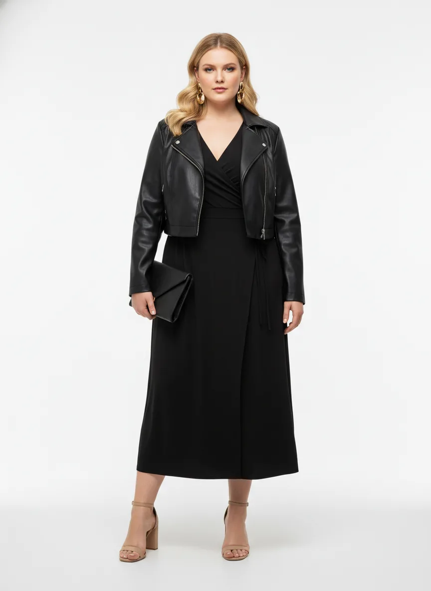 Nightclub Outfit Idea: Woman black wrap midi dress