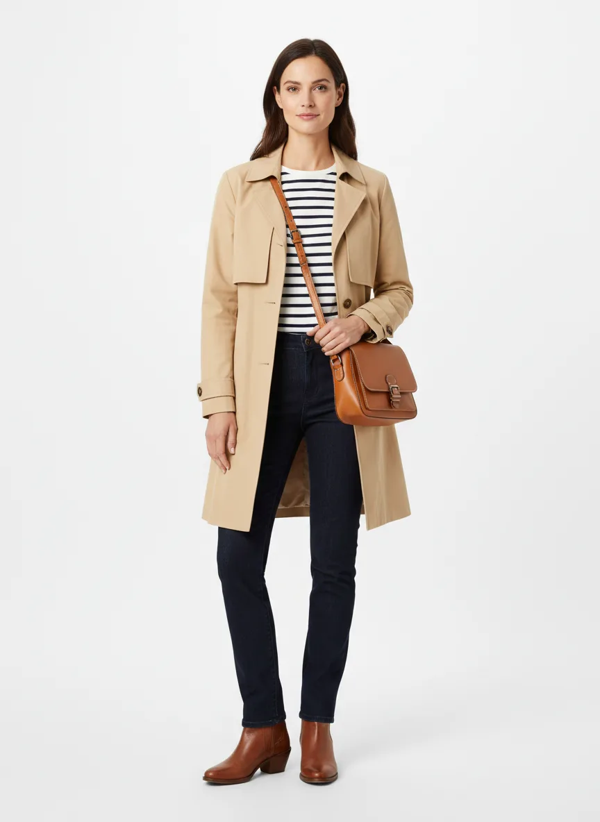 Travelling Outfit Idea: Woman's lightweight neutral trench coat