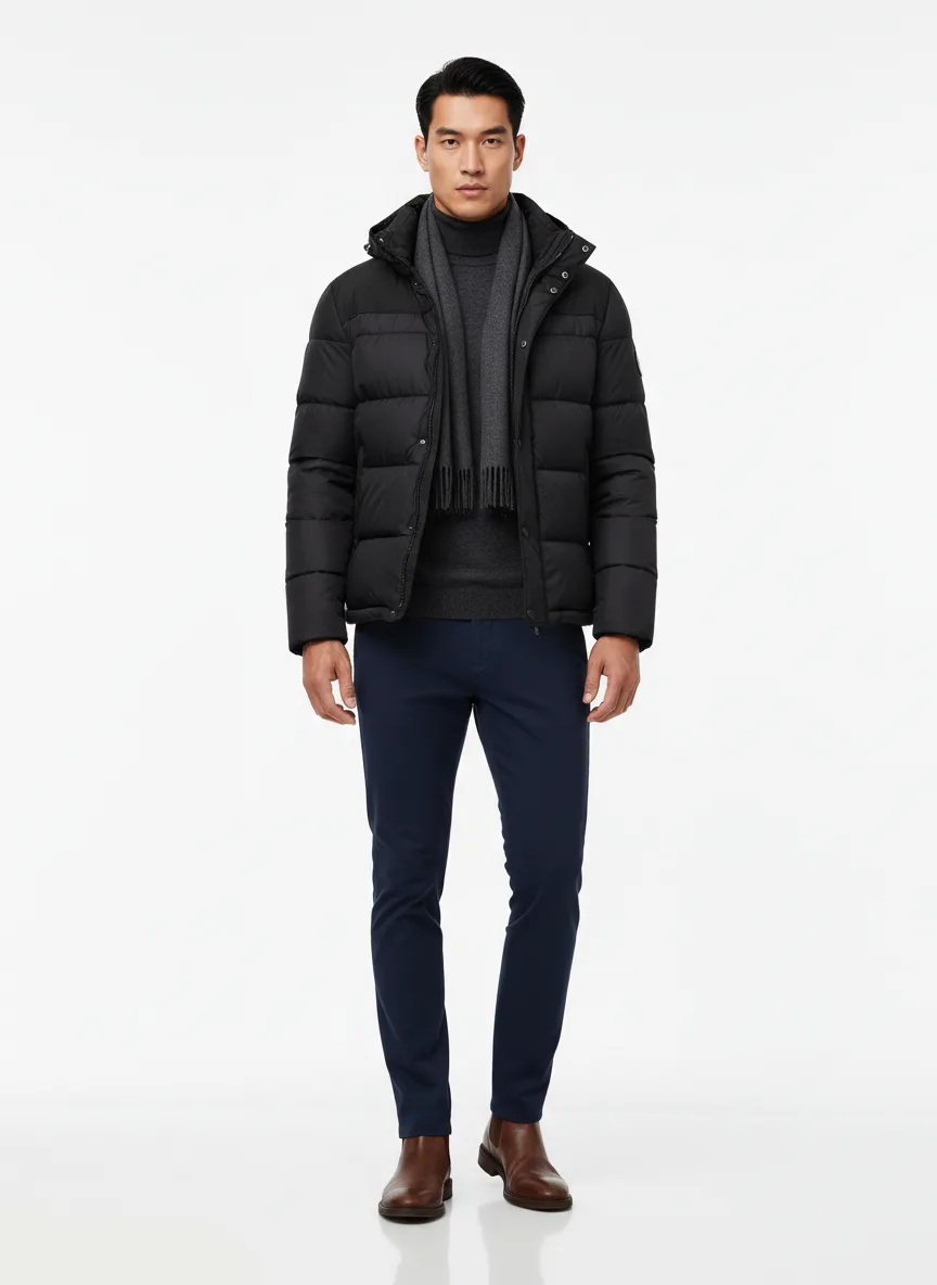 Date-night Outfit Idea: Man’s black duvet coat