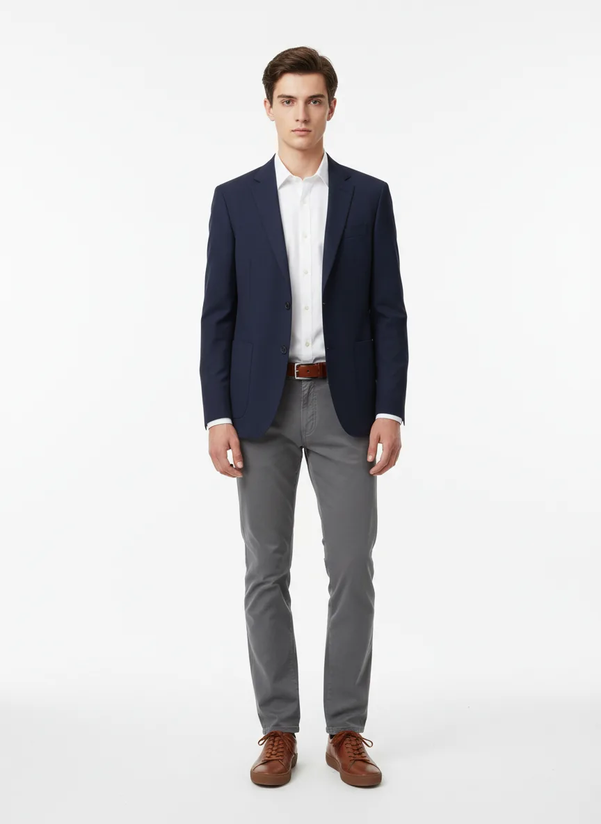Casual Outfit Idea: Man's navy blue blazer (compliments light skin, brunette hair)