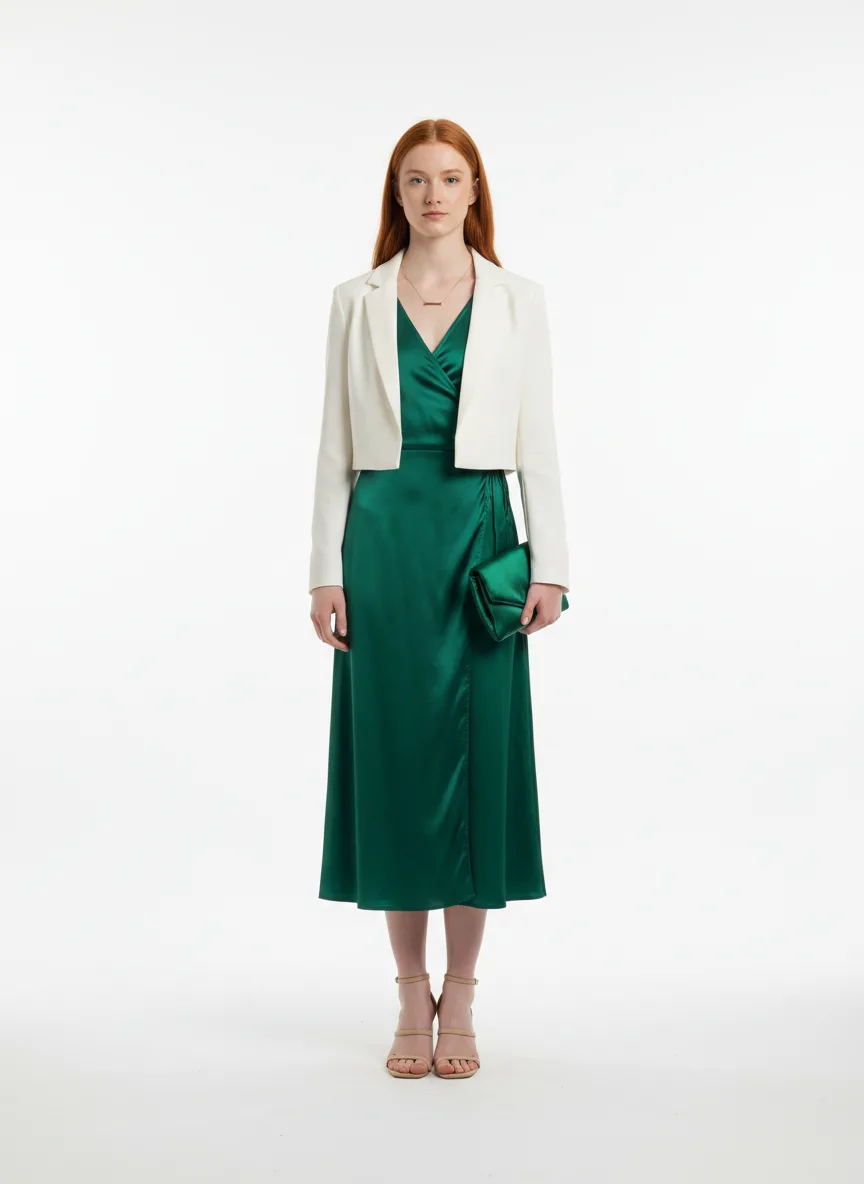 Formal-event Outfit Idea: Woman's emerald-green satin midi wrap dress