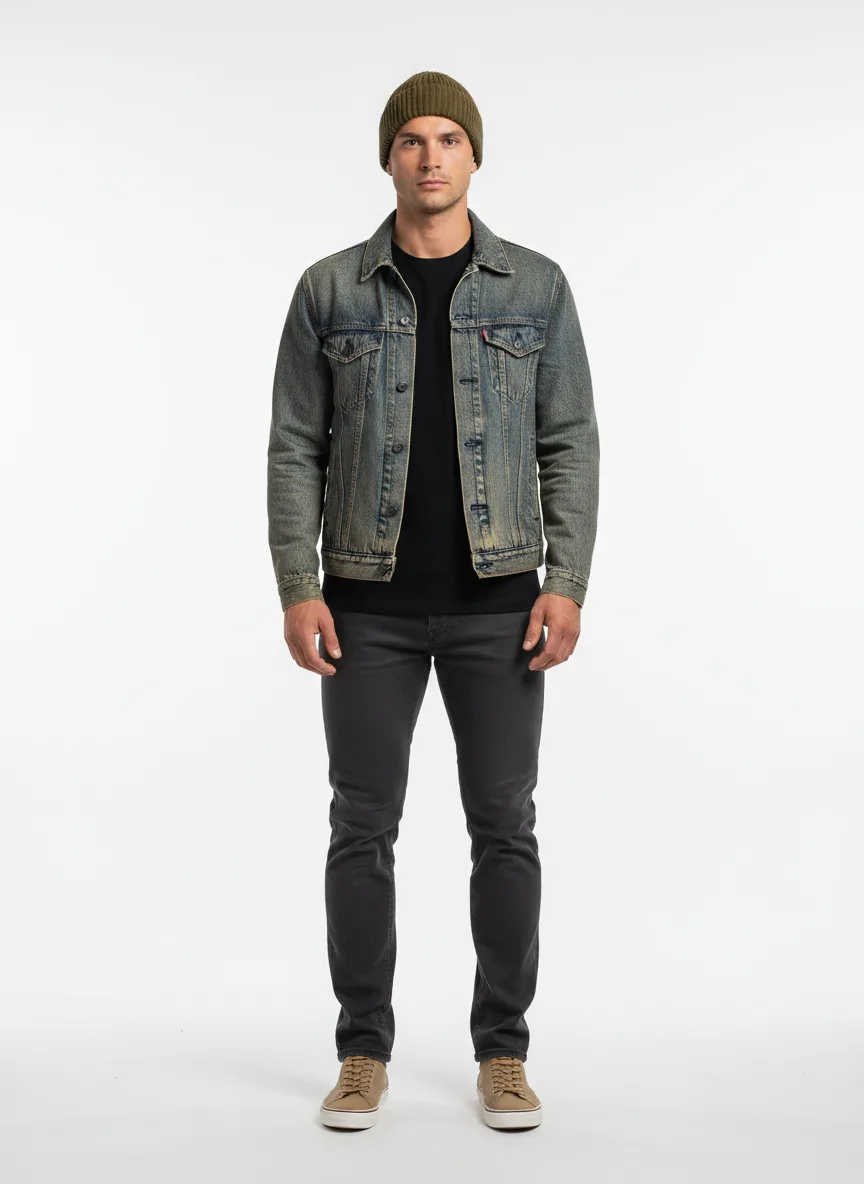 Casual Outfit Idea: Man vintage washed denim jacket