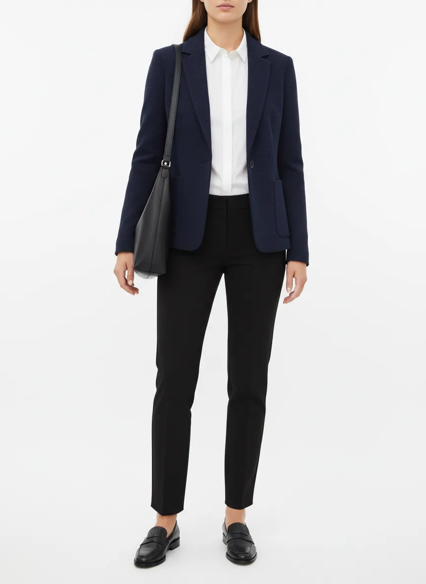 Meeting Outfit Idea: Woman navy blue knit blazer