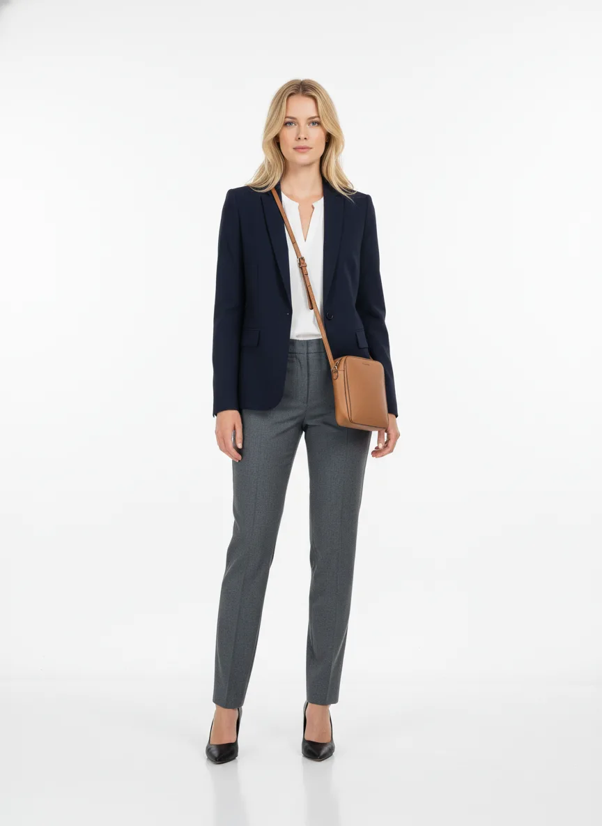Meeting Outfit Idea: Woman navy blue blazer (complimentary to blonde hair)