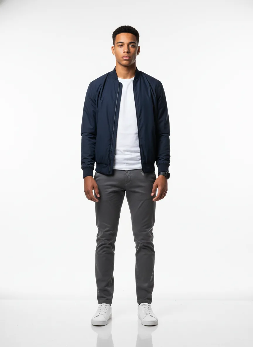 Birthday-party Outfit Idea: Man's navy blue bomber jacket