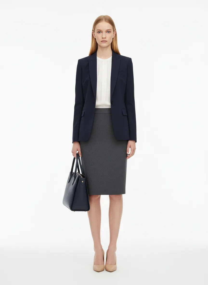 Job-interview Outfit Idea: Woman's navy blue blazer (compliments fair skin & blonde hair)