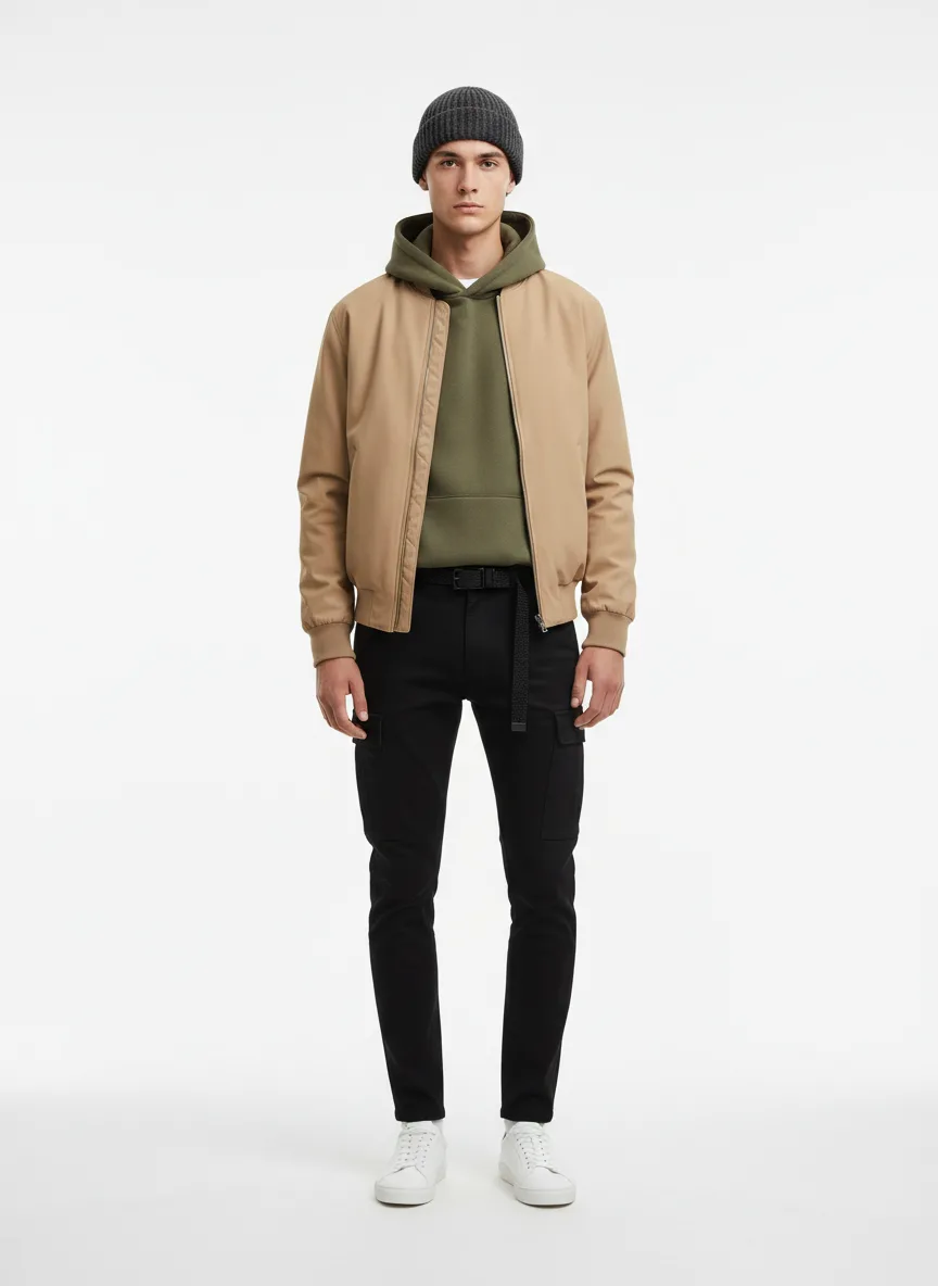 Casual Outfit Idea: Man’s light-skin complimentary tan bomber jacket