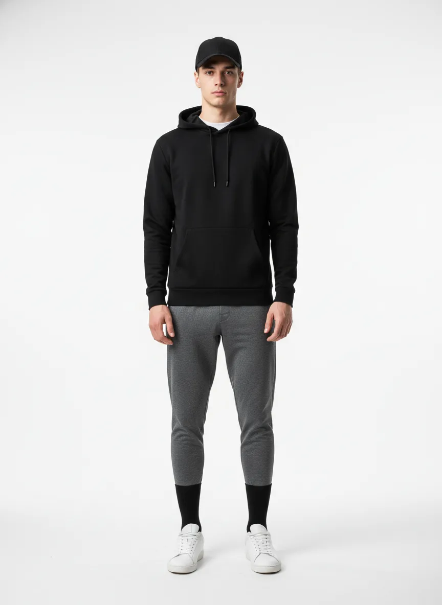 Casual Outfit Idea: Man’s black lightweight hoodie