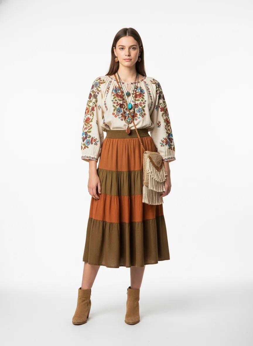 Casual Outfit Idea: Woman embroidered peasant blouse