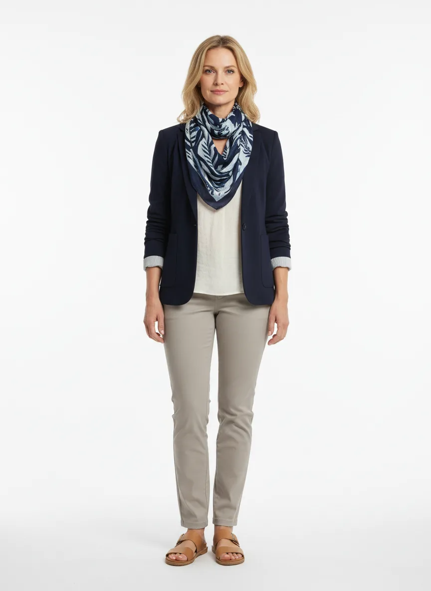 Vacation Outfit Idea: Woman light-skin complementary navy blue blazer