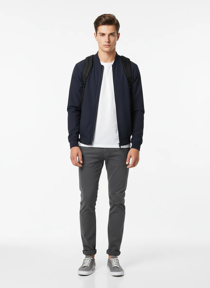 Travelling Outfit Idea: Man’s navy blue lightweight bomber jacket (complements brunette hair)
