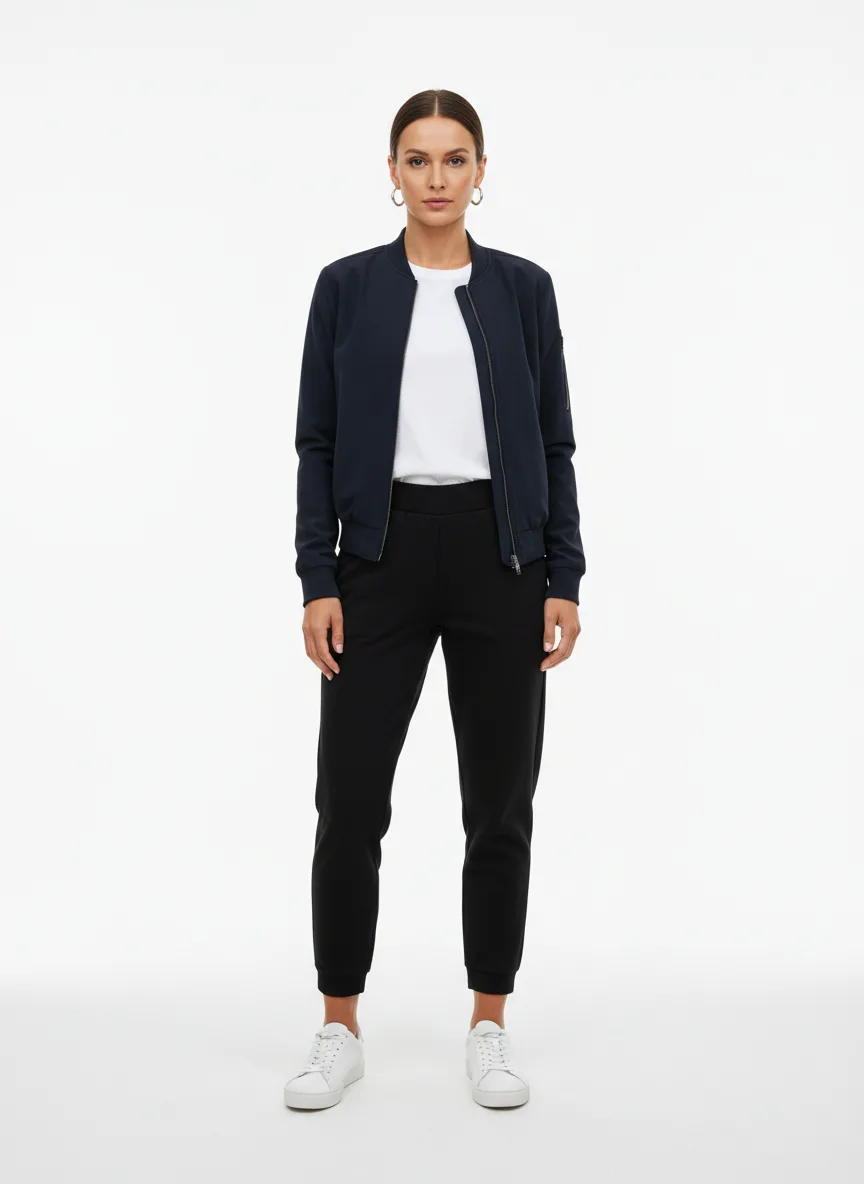 Casual Outfit Idea: Woman navy blue bomber jacket