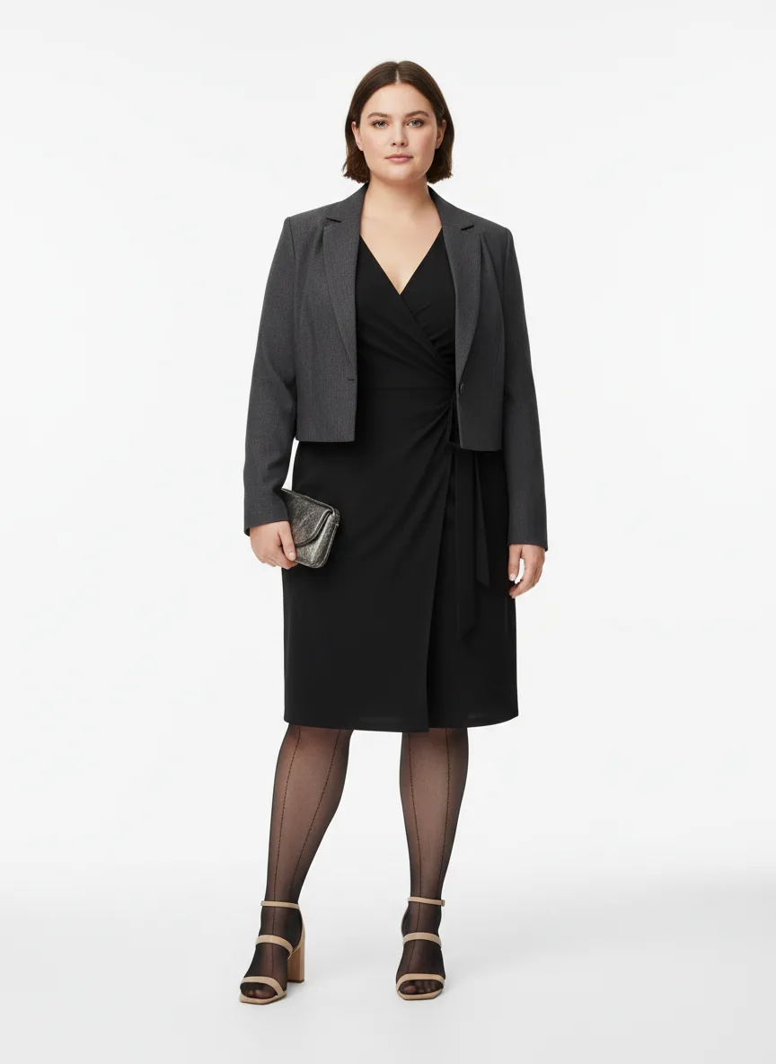 Nightclub Outfit Idea: Woman's black wrap dress