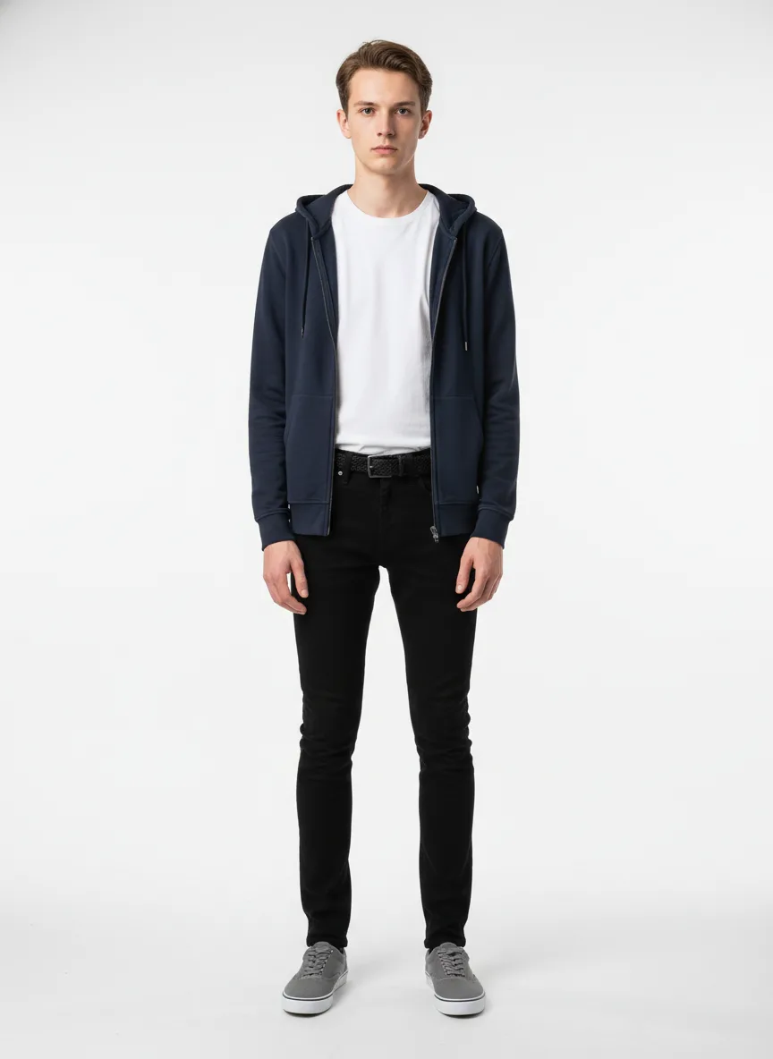Casual Outfit Idea: Man’s navy blue lightweight hoodie