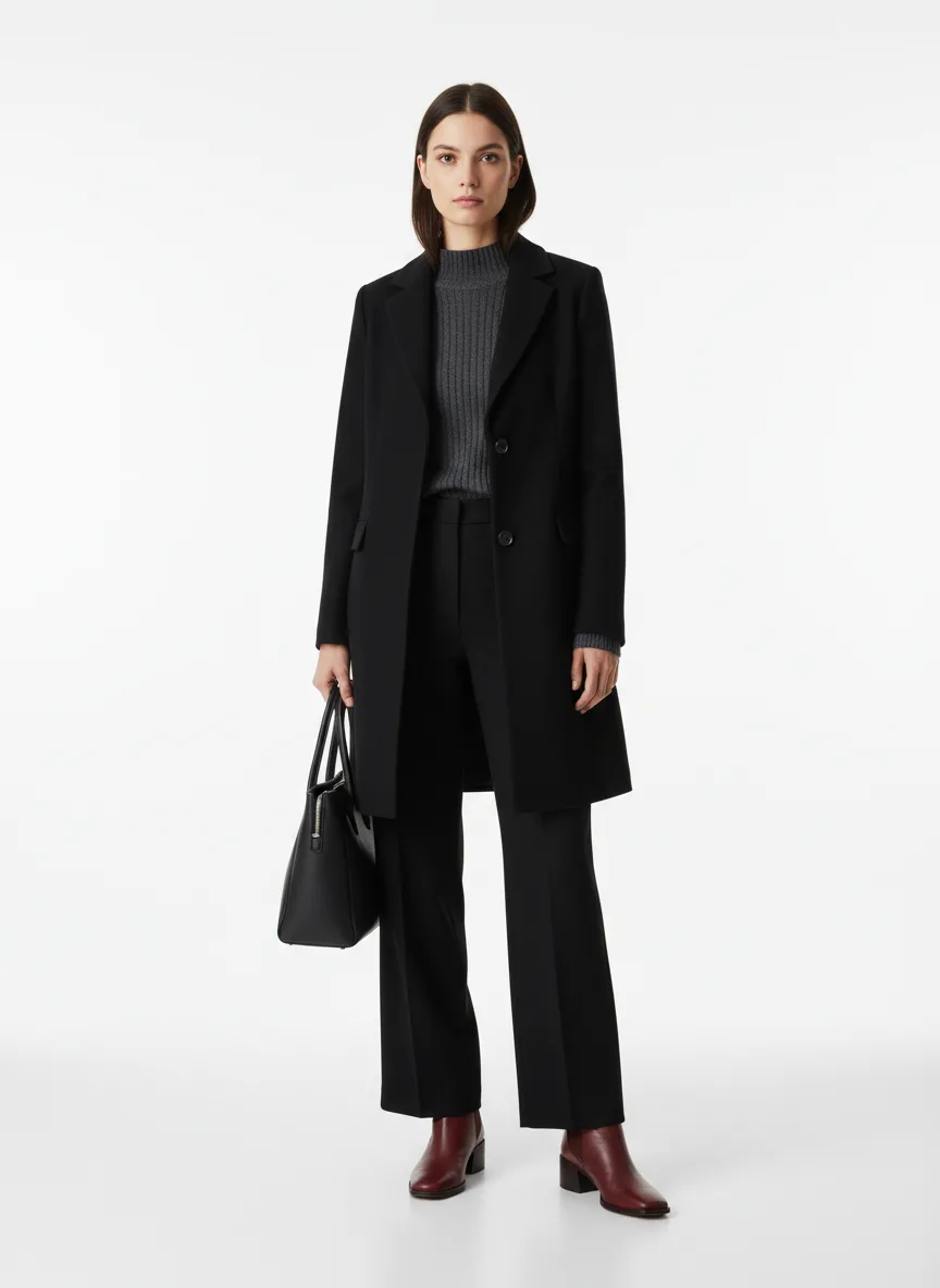 Meeting Outfit Idea: Woman’s black wool tailored coat