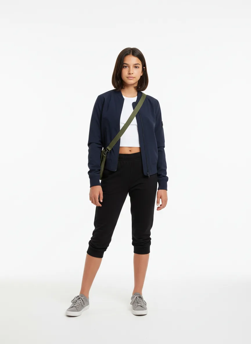 Casual Outfit Idea: Girl navy blue bomber jacket