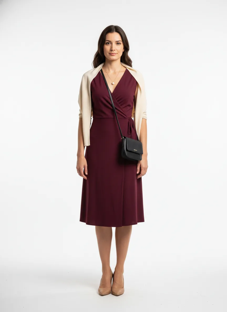 Date-night Outfit Idea: Woman's deep burgundy wrap dress (compliments brunette hair)